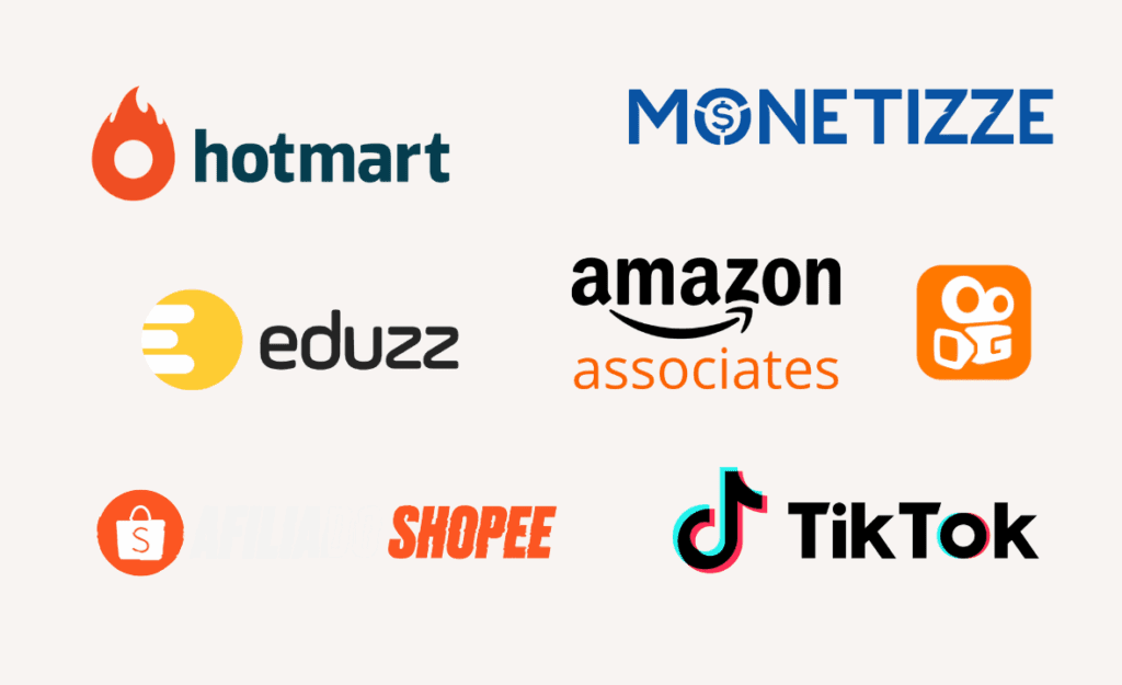 Logotipos de várias plataformas de marketing digital e redes sociais, incluindo Hotmart, Monetizze, Eduzz, Amazon Associates, Kwai, Shopee e TikTok.