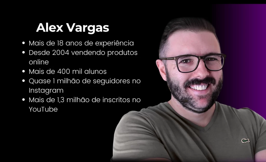 Imagem de Alex Vargas com estatísticas sobre sua experiência e alcance nas redes sociais.
