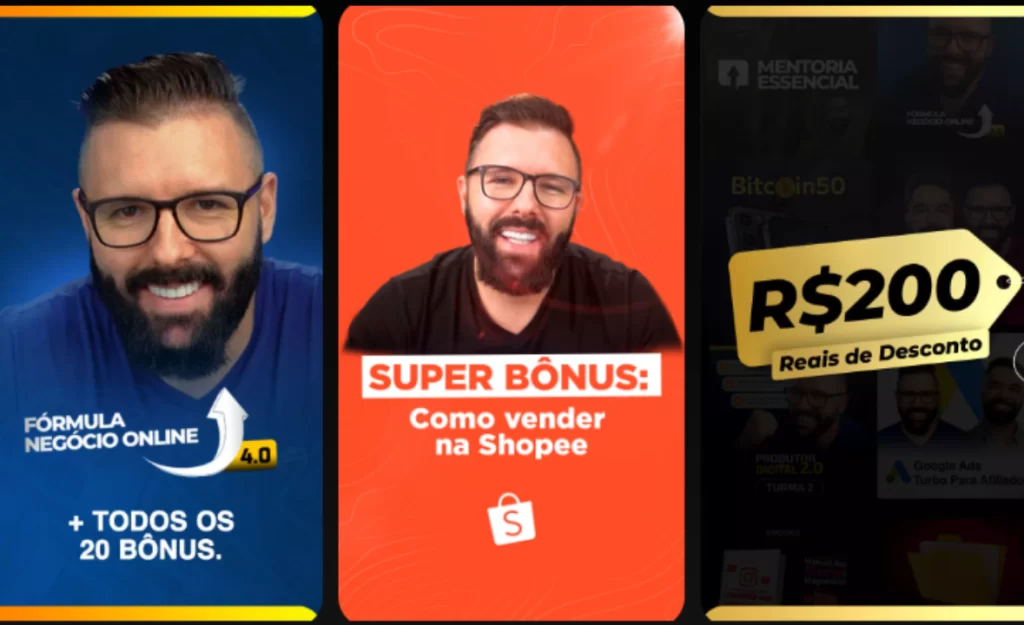 Três banners promocionais de cursos e descontos.