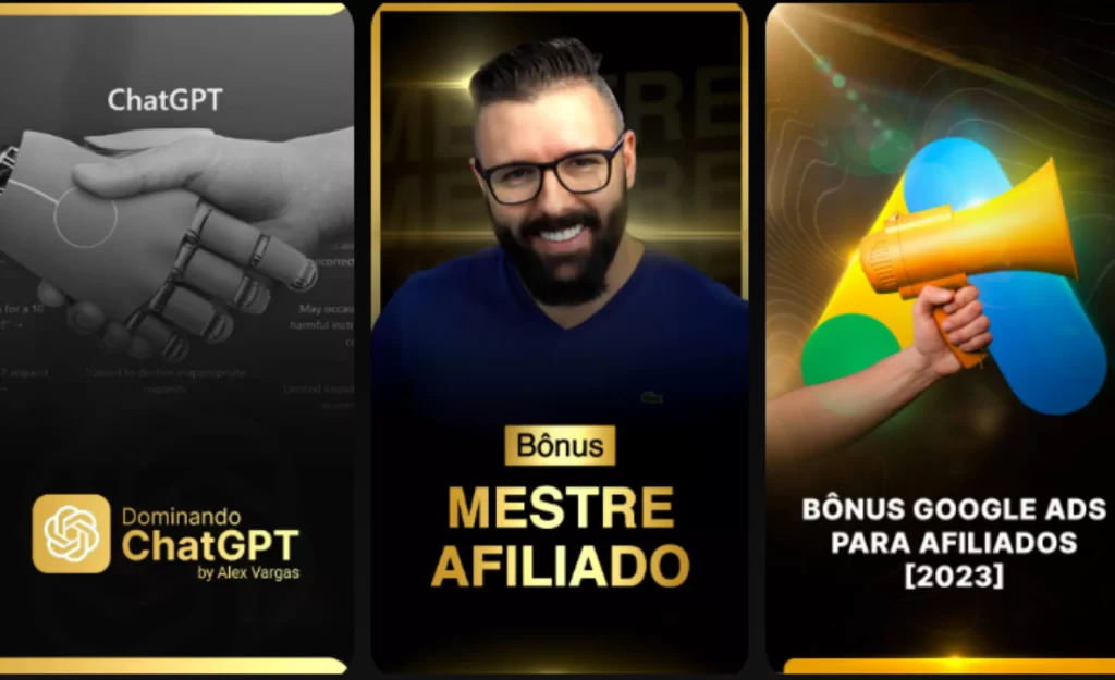 rês banners promocionais destacando cursos e bônus para afiliados, incluindo "Dominando ChatGPT por Alex Vargas" e "Bônus Google Ads para Afiliados [2023]".