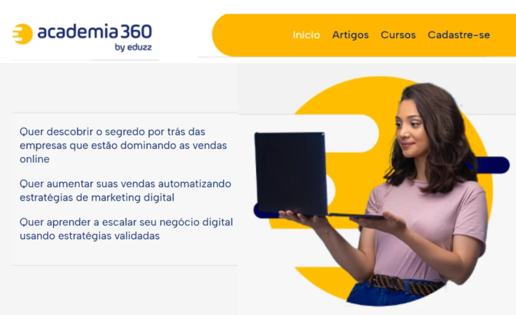 Interface da Academia 360 da Eduzz com destaque para frases motivacionais e menus de navegação sobre cursos e artigos.