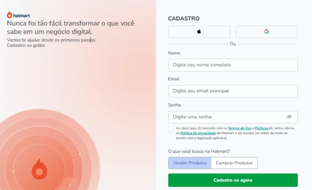 Página de cadastro de afiliados da Hotmart, com um formulário de inscrição e opções para vender ou comprar produtos digitais.