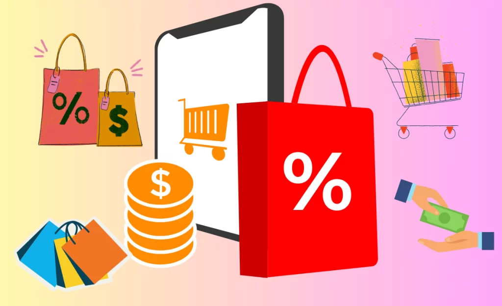 epresentação visual de estratégias de vendas online, incluindo sacolas de compras, um smartphone, moedas e um carrinho cheio de produtos.