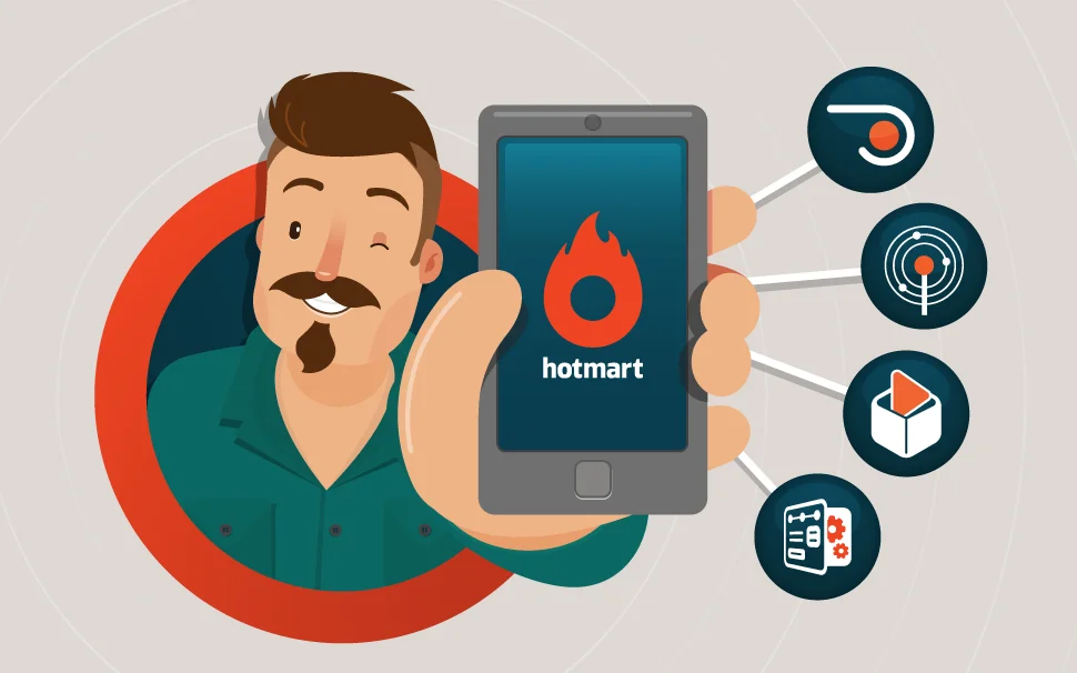 Ilustração de um homem segurando um celular com o logo da Hotmart, destacando funcionalidades como alcance, automação e análise de dados.