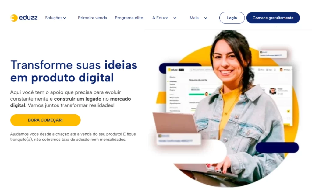 Tela de cadastro da Eduzz com botão de chamada para ação e destaque para benefícios de criar e vender produtos digitais.
