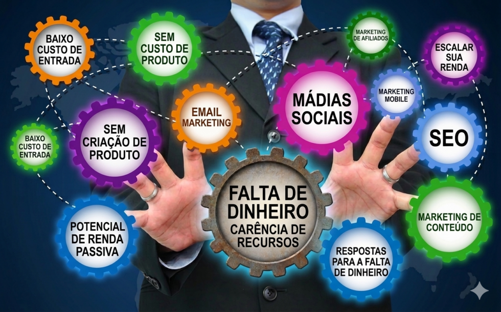Um empresário com as mãos levantadas, cercado por engrenagens coloridas conectadas que representam diferentes estratégias de marketing digital. A engrenagem central, grande e enferrujada, exibe o texto "FALTA DE DINHEIRO / CARÊNCIA DE RECURSOS". Outras engrenagens mostram termos como "BAIXO CUSTO DE ENTRADA", "POTENCIAL DE RENDA PASSIVA" e "ESCALAR SUA RENDA".