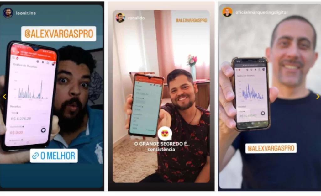 Capturas de tela de três usuários do Instagram exibindo gráficos de receita, destacando seus ganhos e progresso no marketing digital.