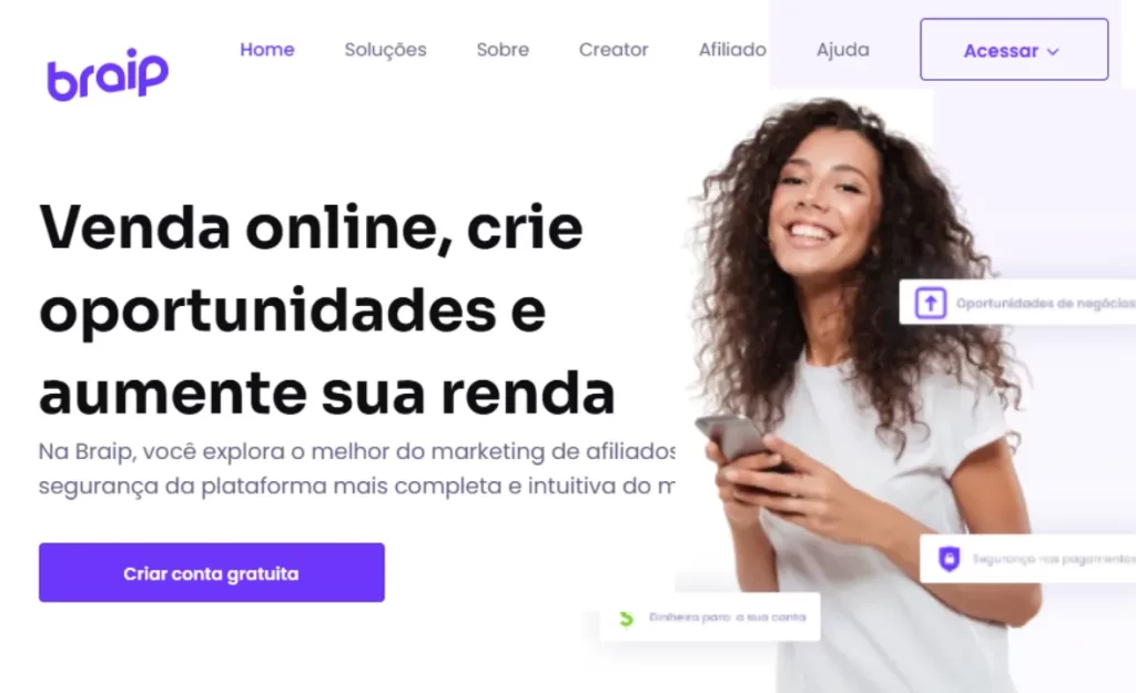 Página de cadastro da plataforma Braip com botão “Criar conta gratuita” e chamada “Venda online, crie oportunidades e aumente sua renda” — ideal para conteúdos sobre como ganhar dinheiro como afiliado Braip.