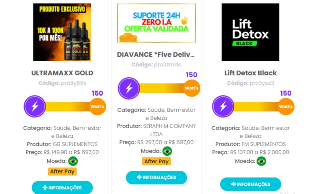 Página de produtos físicos da Plataforma Braip com suplementos e itens de bem-estar, ideal para quem quer aprender como ganhar dinheiro como afiliado Braip promovendo produtos tangíveis.
