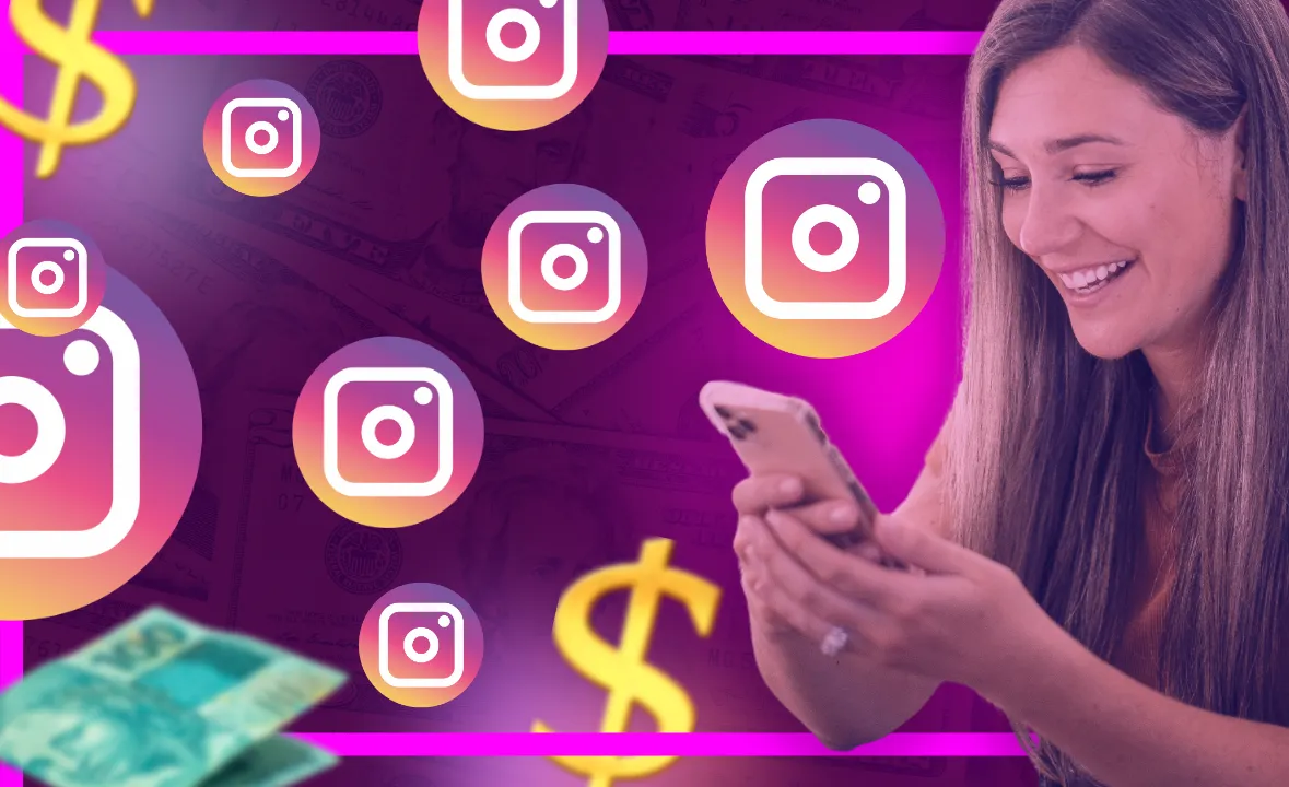 Monetização no Instagram para introspectivos: usuário com smartphone cercado por ícones de dinheiro e redes sociais
