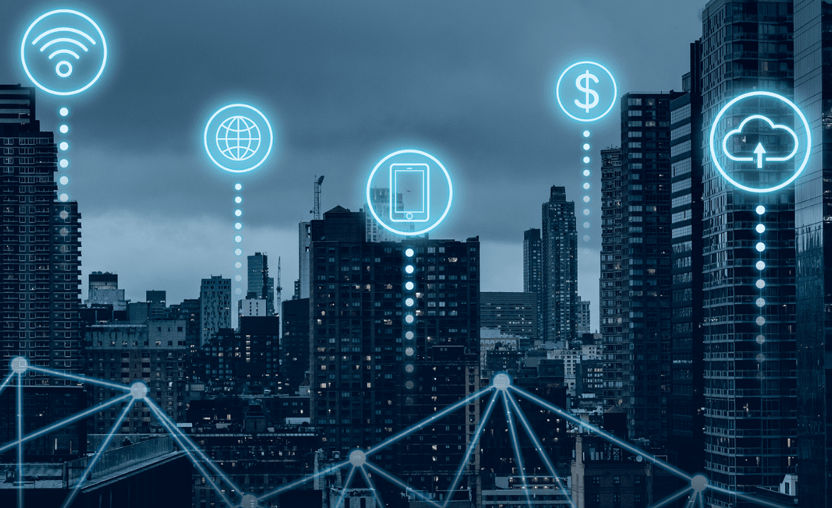 Cidade conectada com ícones digitais representando Wi-Fi, internet, smartphone, finanças e nuvem