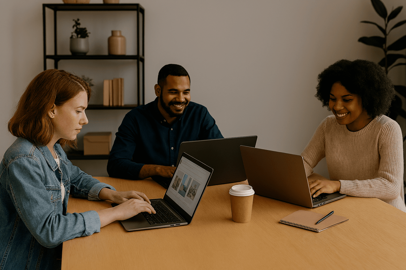 Pessoas criando conteúdo digital para marketing de afiliados em ambiente moderno e colaborativo