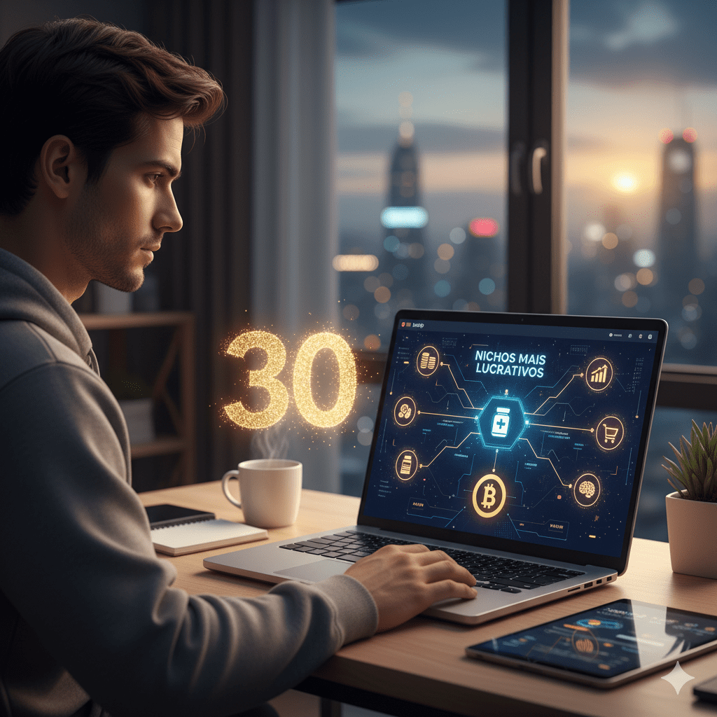 Afiliado digital em frente ao notebook analisando nichos e estratégias para aumentar o faturamento com produtos Braip.