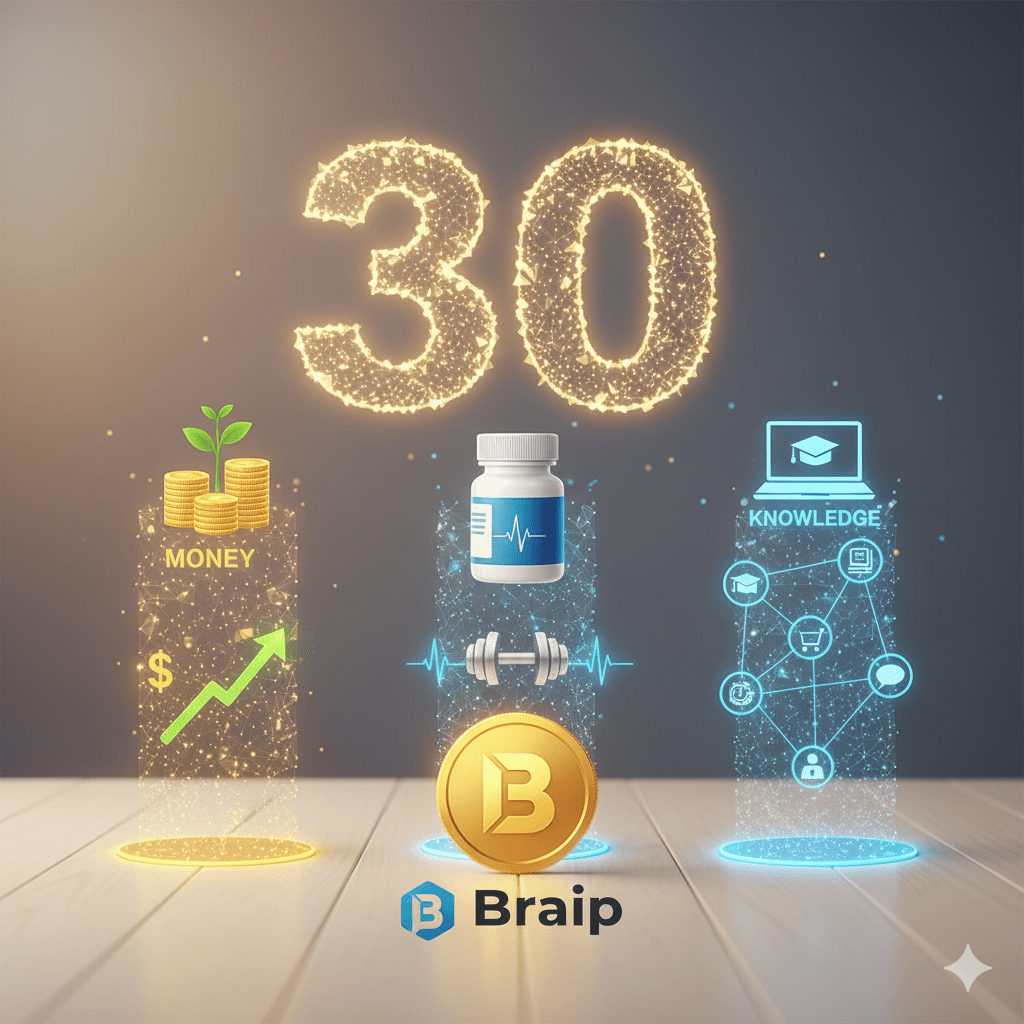 Três pilares de lucratividade na Braip: dinheiro (moedas e crescimento), saúde (suplementos) e conhecimento (notebook e ícones de cursos).