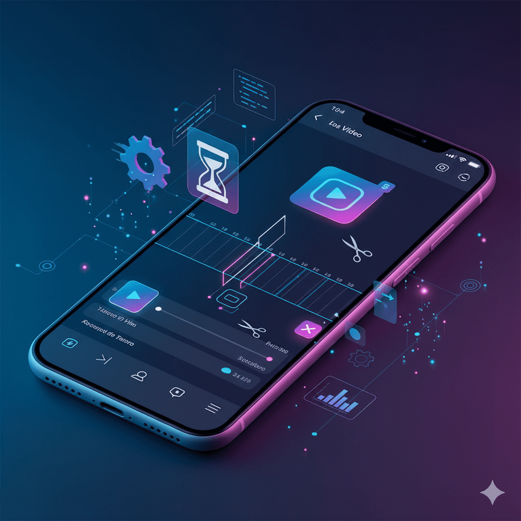 Smartphone com aplicativo de edição de vídeo mostrando linha do tempo e ícones de corte, ilustrando técnicas para reduzir o tamanho de vídeos.