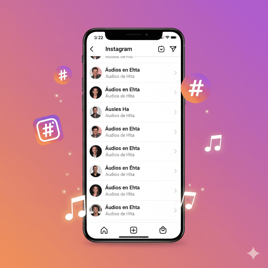 Smartphone com ícones de hashtags e notas musicais flutuantes, representando o uso estratégico para Reels.