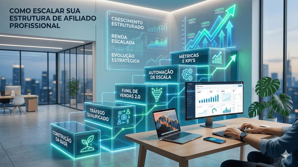 Imagem representando uma estrutura de afiliado profissional com notebook exibindo gráficos de crescimento, smartphone com painel de vendas, ícones de funil de vendas, automação e ativos digitais como blog, e-mail marketing e redes sociais. Ambiente moderno e minimalista com tons de azul e verde.