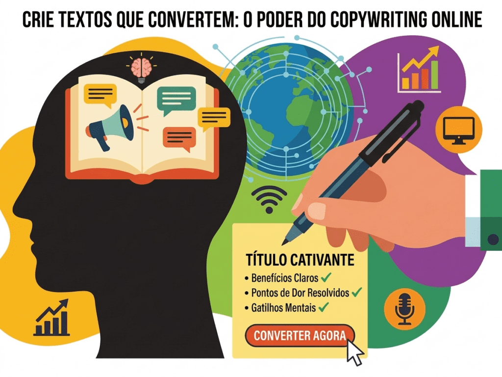 Uma ilustração plana editorial para blog sobre como dominar comunicação e escrita persuasiva (copywriting). Mostra uma silhueta de cabeça preta com um cérebro de lâmpada emegaphone dentro, um globo terrestre com conexões digitais, e uma mão escrevendo em uma nota amarela com texto de CTA e lista de benefícios. Ícones flutuantes de conversão e comunicação. No topo, o texto 'CRIE TEXTOS QUE CONVERTEM: O PODER DO COPYWRITING ONLINE'.