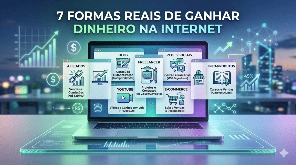 Diferentes formas de ganhar dinheiro na internet representadas em notebook com múltiplas fontes de renda online