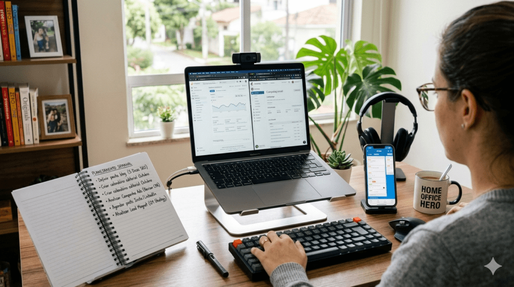 Rotina de trabalhar pela internet em casa com ferramentas digitais