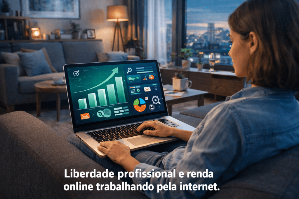 Pessoa trabalhando pela internet em casa utilizando notebook