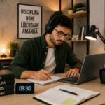 Disciplina trabalhando online em home office organizado