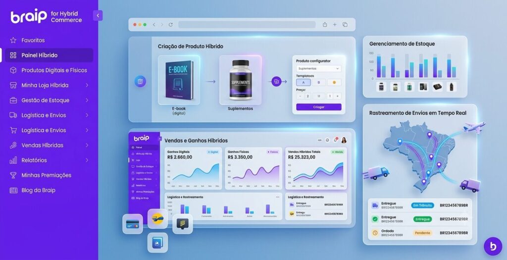 Painel tecnológico moderno e minimalista da plataforma Braip com gráficos de vendas híbridas, fluxo de checkout, mapa global de logística e seções dedicadas a infoprodutos e produtos físicos.