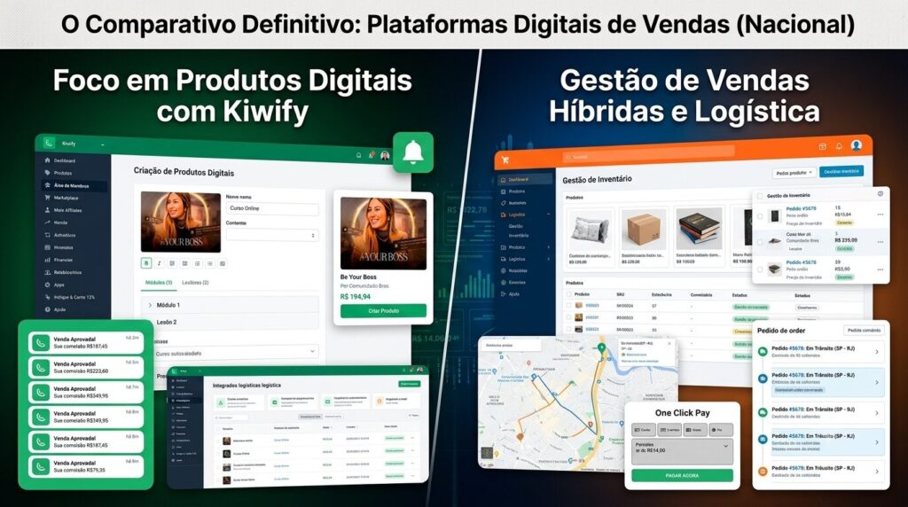 Infográfico comparativo de interfaces de painéis de controle digitais, com o sistema Kiwify à esquerda, focado em vendas de infoprodutos, e um sistema de e-commerce e logística à direita, com um mapa e tabelas de inventário.